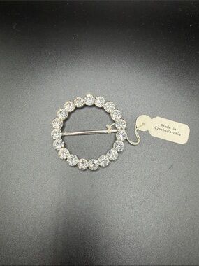 Vintage Czech Crystal Circle Brooch/Scarf Belt Slide – Clear Rhinestone Accent